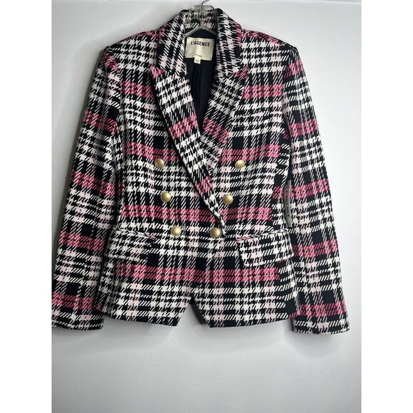 L’AGENCE Kenzie Double Breasted Pink Tweed Blazer Jacket Sz 2 Lined Gold Buttons